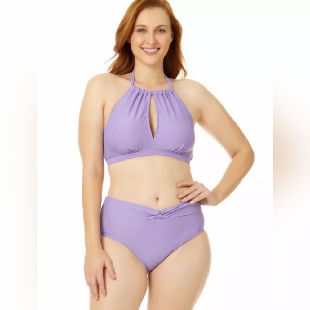 Time & Tru Women's L 12/14 Keyhole Halter Top + High Waisted Bikini Lavender NWT